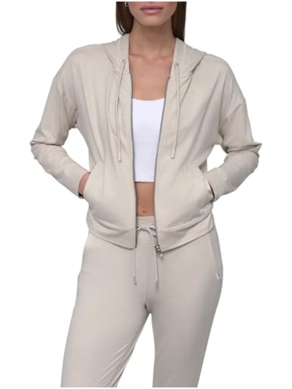 Full Zip Cropped Hoodie Sweatshirt With Pockets Soft Spacedye Casual